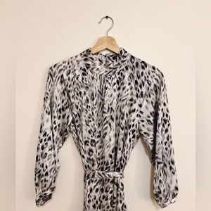 Ann Taylor Snow Leopard Print Tie Waist Midi Dress